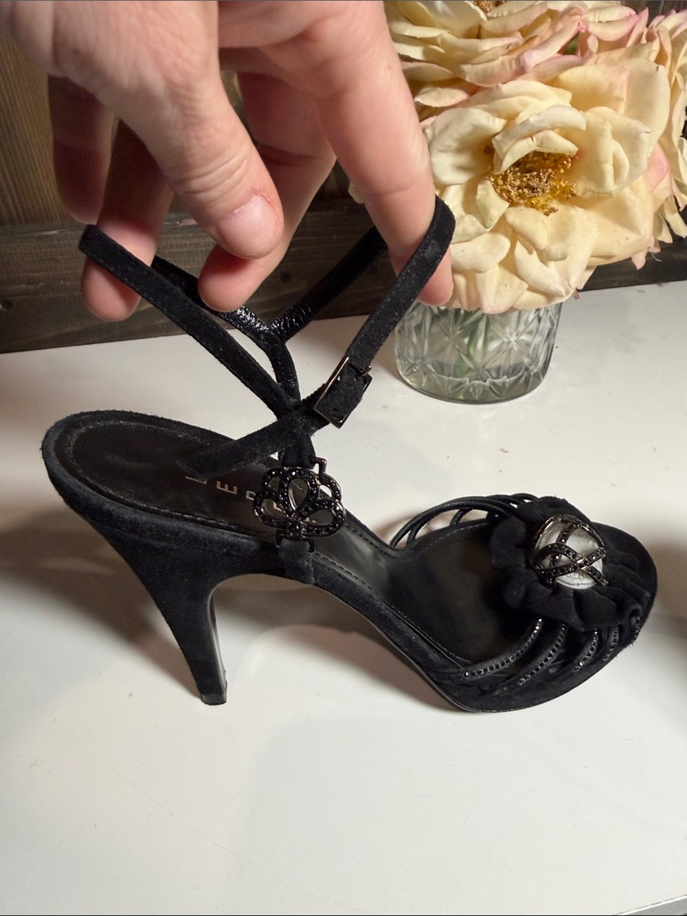 Black Suede Open-Toe Heels with Decorative Gem Accent